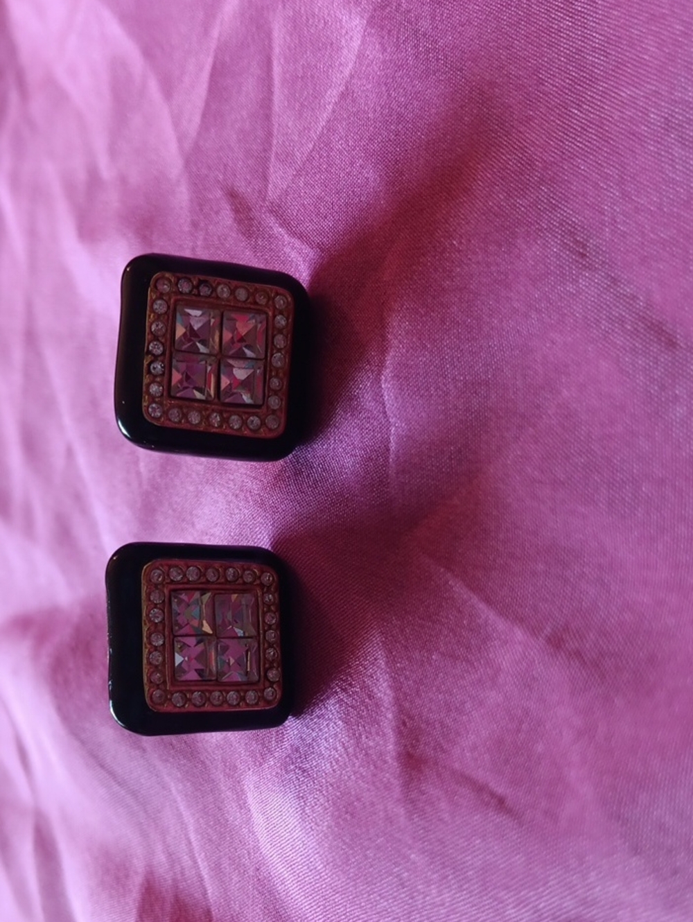 St. John Gold-Tone Square Crystal Clip Earrings with Black Frames - Picture 3 of 4